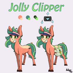 Size: 2000x2000 | Tagged: safe, artist:buttsnep, oc, oc only, oc:jolly clipper, earth pony, equine, fictional species, mammal, pony, feral, friendship is magic, hasbro, my little pony, body markings, coupon, cutie mark, female, freckles, green eyes, green mane, high res, hooves, reference sheet, saddle bag, signature, simple background, smiling, solo, solo female, tail, text, visor, white background