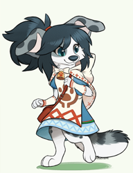 Size: 672x874 | Tagged: safe, artist:aseethe, catalina (monster hunter), oc, oc only, oc:vivi (aseethe), australian shepherd, canine, dog, mammal, anthro, digitigrade anthro, monster hunter, bag, bell, cape, clothes, crossover, dress, female, floppy ears, fluff, front view, hair, hood, looking at something, neck fluff, paws, ponytail, puffy sleeves, signature, smiling, solo, solo female, spotted body, tail, tail fluff, teal eyes, three-quarter view