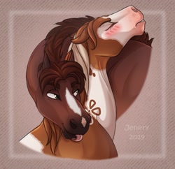 Size: 1280x1239 | Tagged: safe, artist:jenery, oc, oc only, oc:jenery, equine, horse, mammal, feral, abstract background, blushing, brown fur, bust, duo, ears laid back, eyes closed, female, feral/feral, fur, hair, hug, licking, licking body, licking fur, looking at someone, male, male/female, mane, shipping, signature, tongue, tongue out, whiskers, white fur