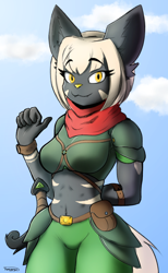 Size: 1644x2664 | Tagged: safe, artist:topicranger, oc, oc only, oc:shiku, cat, feline, mammal, anthro, 2020, armor, armor plates, bag, belt, big ears, blue background, bracelet, breasts, clothes, cloud, ear fluff, ears, female, fluff, fur, gradient background, gray fur, hair, hands, jewelry, krita, looking at you, scarf, shading, signature, simple background, smiling, solo, solo female, standing, sword, tail, white fur, white hair, yellow eyes