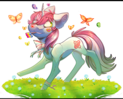 Size: 2236x1788 | Tagged: safe, artist:mrbrevushko, oc, oc:gyro tech, arthropod, butterfly, equine, fictional species, insect, mammal, pony, unicorn, feral, friendship is magic, hasbro, my little pony, blue fur, bow, cutie mark, ears, flag, fur, green eyes, group, hair, hooves, horn, makeup, male, pansexual pride flag, pink hair, pride, pride flag, purple hair, ribbon, solo focus, tail