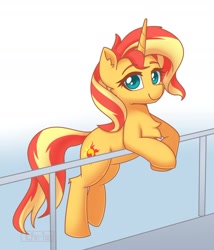Size: 1426x1669 | Tagged: safe, artist:puetsua, sunset shimmer (mlp), equine, fictional species, mammal, pony, unicorn, feral, friendship is magic, hasbro, my little pony, 2020, bipedal, bipedal leaning, chest fluff, cute, cutie mark, ear fluff, female, fluff, gradient background, handrail, horn, leaning, lidded eyes, looking at you, mare, raised leg, smiling, solo, solo female, tail