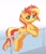 Size: 1426x1669 | Tagged: safe, artist:puetsua, sunset shimmer (mlp), equine, fictional species, mammal, pony, unicorn, feral, friendship is magic, hasbro, my little pony, bipedal, bipedal leaning, chest fluff, cute, cutie mark, ear fluff, female, fluff, gradient background, handrail, horn, leaning, lidded eyes, looking at you, mare, raised leg, smiling, solo, solo female, tail