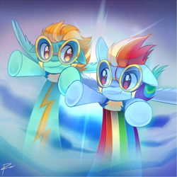 Size: 601x601 | Tagged: safe, artist:pekou, lightning dust (mlp), rainbow dash (mlp), equine, fictional species, mammal, pegasus, pony, feral, friendship is magic, hasbro, my little pony, 2012, clothes, cloud, duo, duo female, feathered wings, feathers, female, flying, glasses, mare, sky, spread wings, tail, uniform, wings