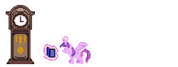 Size: 935x350 | Tagged: safe, artist:8-bitbrony, pinkie pie (mlp), twilight sparkle (mlp), alicorn, earth pony, equine, fictional species, mammal, pony, feral, friendship is magic, hasbro, my little pony, 2020, 8-bit, animated, atg 2020, book, clock, duo, duo female, feathered wings, feathers, female, gif, horn, mare, newbie artist training grounds, pixel animation, pixel art, wings