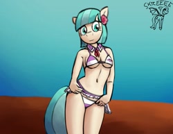 Size: 679x525 | Tagged: suggestive, artist:warskunk, coco pommel (mlp), earth pony, equine, fictional species, mammal, pony, anthro, friendship is magic, hasbro, my little pony, anthrofied, beach, breasts, clothes, female, solo, solo female, swimsuit