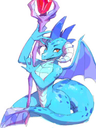 Size: 768x1024 | Tagged: safe, artist:30clock, artist:raikohillust, collaboration, princess ember (mlp), dragon, fictional species, western dragon, anthro, friendship is magic, hasbro, my little pony, 2020, 2d, female, horns, looking at you, scepter, simple background, sitting, smiling, solo, solo female, white background, wide hips, wings