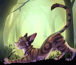 Size: 1280x1103 | Tagged: safe, artist:theredghost, oc, oc only, oc:whizpaw (grumpylittlefox), cat, feline, mammal, feral, warrior cats, blue eyes, cheek fluff, claws, ear fluff, fluff, forest, fur, grass, kemono, looking forward, male, open mouth, outdoors, paw pads, paws, raised tail, side view, signature, solo, solo male, striped fur, striped tail, stripes, tail, teeth, tree