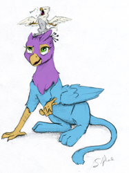 Size: 1566x2096 | Tagged: safe, artist:gyrotech, artist:silfoe, edit, oc, oc:der, oc:gyro feather, oc:gyro feather (gryphon), bird, feline, fictional species, galliform, gryphon, mammal, peacock gryphon, peafowl, feral, beak, bird feet, blue feathers, blue fur, claws, color edit, duo, feathered wings, feathers, fur, green eyes, male, micro, paws, pink feathers, size difference, sketch, tail, tail tuft, talons, traditional art, wings