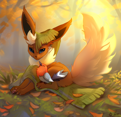 Size: 1400x1343 | Tagged: safe, artist:2d10art, bird, eeveelution, fictional species, flareon, fletchling, mammal, feral, nintendo, pokémon, ambiguous gender, clothes, cuddling, duo, fluff, forest, hug, leaf, looking at something, lying down, paw pads, paws, scarf, scenery, signature, tail, tail fluff, underpaw