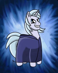Size: 1280x1600 | Tagged: safe, artist:daimando, oc, oc only, oc:coldnelius snap, equine, fictional species, mammal, pony, unicorn, feral, friendship is magic, hasbro, my little pony, 2020, atg 2020, clothes, evil grin, horn, male, newbie artist training grounds, robe, solo, solo male, stallion, tail