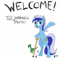 Size: 1920x1920 | Tagged: safe, artist:kylami, minuette (mlp), dinosaur, equine, fictional species, mammal, pony, unicorn, feral, friendship is magic, hasbro, my little pony, 2020, atg 2020, bipedal, female, grazing, herbivore, horn, mare, newbie artist training grounds, one hoof raised, simple background, solo, solo female, staff, tail, white background