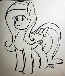Size: 547x640 | Tagged: safe, artist:dummyhorse, fluttershy (mlp), equine, fictional species, mammal, pegasus, pony, feral, friendship is magic, hasbro, my little pony, 2020, atg 2020, black and white, feathered wings, feathers, female, folded wings, grayscale, mare, monochrome, newbie artist training grounds, simple background, smiling, solo, solo female, tail, traditional art, white background, wings