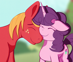 Size: 1767x1504 | Tagged: safe, artist:dummyhorse, big macintosh (mlp), sugar belle (mlp), earth pony, equine, fictional species, mammal, pony, unicorn, feral, friendship is magic, hasbro, my little pony, 2019, blurred background, couple, duo, duo male and female, eyes closed, female, feral/feral, freckles, horn, male, male/female, mare, smiling, stallion, sugarmac (mlp), tail