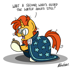 Size: 1528x1454 | Tagged: safe, artist:bobthedalek, sunburst (mlp), equine, fictional species, mammal, pony, unicorn, feral, friendship is magic, hasbro, my little pony, 2020, atg 2020, clothes, horn, male, newbie artist training grounds, robe, signature, simple background, solo, solo male, stallion, tail, watch, white background