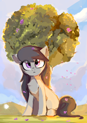 Size: 1428x2016 | Tagged: safe, artist:aureai, octavia melody (mlp), earth pony, equine, fictional species, mammal, pony, feral, friendship is magic, hasbro, my little pony, :<, chest fluff, cloud, ear fluff, female, flower, fluff, frowning, looking up, mare, scenery, sitting, solo, solo female, tree