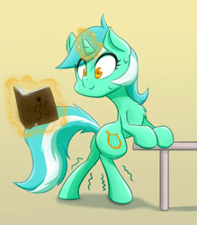 Size: 854x976 | Tagged: safe, artist:ikederp, lyra heartstrings (mlp), equine, fictional species, mammal, pony, unicorn, feral, friendship is magic, hasbro, my little pony, 2020, atg 2020, bipedal, book, chest fluff, female, fluff, glowing, glowing horn, horn, kemono, magic, mare, newbie artist training grounds, smiling, solo, solo female, standing, sweat, table, tail, telekinesis, that pony sure does love humans, trembling