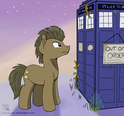 Size: 3300x3100 | Tagged: safe, artist:solarspark, time turner (mlp), earth pony, equine, fictional species, mammal, pony, feral, doctor who, friendship is magic, hasbro, my little pony, 2020, atg 2020, high res, male, newbie artist training grounds, solo, solo male, stallion, tail, tardis