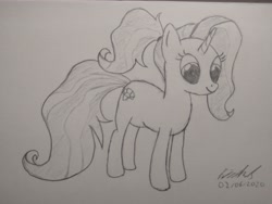Size: 4608x3456 | Tagged: safe, artist:pigeon2qwerty4u, luster dawn (mlp), equine, fictional species, mammal, pony, unicorn, feral, friendship is magic, hasbro, my little pony, 2020, atg 2020, black and white, female, grayscale, high res, horn, mare, monochrome, newbie artist training grounds, pencil drawing, signature, simple background, smiling, solo, solo female, tail, white background