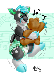 Size: 2121x3000 | Tagged: safe, artist:sneer, oc, oc only, oc:desmond, cervid, deer, mammal, anthro, ambiguous gender, babyfur, diaper, fawn, high res, male, plushie, signature, solo, solo ambiguous, solo male, teddy bear