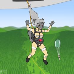 Size: 1500x1500 | Tagged: species needed, safe, artist:phallen1, oc, oc:skye diver, anthro, 2018, bodysuit, breasts, clothes, duo, falling, female, jumpsuit, parachute, ponytail, skydiving, solo focus, tight clothing