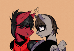Size: 1406x970 | Tagged: safe, artist:fajnk, bat pony, equine, fictional species, mammal, pegasus, pony, feral, fall out boy, friendship is magic, hasbro, mikey way, my chemical romance, my little pony, pete wentz, 2020, bat wings, black hair, black mane, brown eyes, brown hair, brown mane, clothes, commission, digital art, duo, duo male, ear fluff, emo, fangs, feathered wings, feathers, feral/feral, fluff, folded wings, fur, glasses, hair, hair over one eye, heart, hoodie, looking at each other, male, male/male, males only, mane, ponified, red fur, shipping, shirt, simple background, stallion, t-shirt, tan fur, teeth, topwear, undershirt, webbed wings, wings, ych result