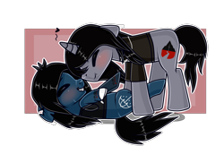 Size: 2000x1301 | Tagged: safe, artist:cutedevil, earth pony, equine, fictional species, mammal, pony, undead, unicorn, zombie, zombie pony, feral, bring me the horizon, friendship is magic, hasbro, kellin quinn, my little pony, oliver sykes, sleeping with sirens, 2020, black hair, black mane, black tail, blue fur, blushing, bone, clothes, commission, cutie mark, digital art, disguise, disguised siren, duo, eyes closed, fangs, feral/feral, feralized, floppy ears, fur, furrified, gray fur, grin, hair, heart, hooves, horn, jewelry, lip piercing, lying down, male, male/male, mane, necklace, nuzzling, on back, piercing, ponified, scar, shipping, shirt, simple background, smiling, spiral horn, stallion, stitches, t-shirt, tail, tattoo, teeth, topwear, torn ear, transparent background, ych result
