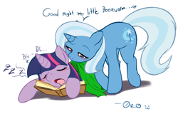 Size: 836x536 | Tagged: safe, artist:0r0ch1, trixie (mlp), twilight sparkle (mlp), equine, fictional species, mammal, pony, unicorn, feral, friendship is magic, hasbro, my little pony, 2011, blanket, blushing, book, bookworm, colored pupils, dialogue, digital art, duo, eyes closed, female, female/female, feral/feral, heart, holding, horn, kemono, lidded eyes, lying down, mare, mouth hold, open mouth, prone, saliva, shipping, simple background, sleeping, tail, talking, twixie (mlp), white background, zzz