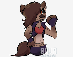 Size: 2748x2142 | Tagged: source needed, safe, artist:bajagryphon, oc, oc only, oc:helena hyena, hyena, mammal, anthro, clothes, female, fishnet, fishnet stockings, gloves, high res, jacket, legwear, paws, see-through, simple background, solo, solo female, stockings, tail, topwear, watermark, white background, zoo 52