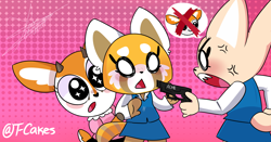 Size: 5718x3000 | Tagged: safe, artist:t-whiskers, fenneko (aggretsuko), retsuko (aggretsuko), tsunoda (aggretsuko), canine, cervid, deer, fennec fox, fox, mammal, red panda, anthro, aggretsuko, sanrio, 2019, abstract background, absurd resolution, acme, angry, ears, english text, female, group, gun, handgun, high res, looking at each other, looking at someone, pistol, pure unfiltered evil, shocked, signature, tail, text, trio, vein, weapon