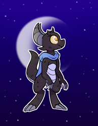 Size: 1400x1800 | Tagged: safe, artist:aemuhn, artist:heir of rick, collaboration, oc, oc only, oc:koreo, fictional species, kobold, reptile, anthro, agender, blue background, claws, clothes, female, gradient background, looking up, moon, scarf, simple background, solo, solo female, stars, yellow eyes