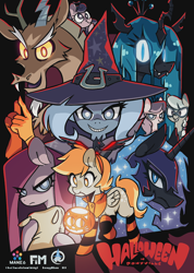 Size: 754x1060 | Tagged: safe, artist:jopiter, derpy hooves (mlp), diamond tiara (mlp), discord (mlp), nightmare moon (mlp), pinkamena diane pie (mlp), pinkie pie (mlp), queen chrysalis (mlp), silver spoon (mlp), trixie (mlp), alicorn, earth pony, equine, fictional species, mammal, pegasus, pony, unicorn, feral, semi-anthro, friendship is magic, hasbro, my little pony, 2018, blue eyes, clothes, costume, female, glowing, glowing eyes, grin, group, hat, holding, horn, jack-o-lantern, kemono, looking at you, male, mouth hold, purple eyes, red eyes, sharp teeth, smiling, teal eyes, teeth, yellow sclera