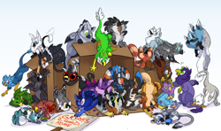 Size: 1246x738 | Tagged: character needed, safe, artist:stupidshepherd, oc, oc:der, oc:gyro feather, oc:gyro feather (gryphon), oc:kranos wildtalon, oc:saewin, bird, feline, fictional species, galliform, gryphon, mammal, peacock gryphon, peafowl, feral, anus, beak, bird feet, blep, blue eyes, blue feathers, blue fur, box, cheek fluff, claws, curled up, eyes closed, feathered wings, feathers, fluff, folded wings, fur, green eyes, group, head fluff, jumping, large group, magenta eyes, male, no pupils, open mouth, paw pads, paws, pink feathers, sign, simplistic anus, sleeping, spread wings, tail, tail tuft, talons, tongue, tongue out, underpaw, webbed wings, wings