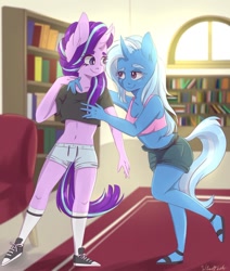 Size: 1024x1205 | Tagged: safe, artist:silbersternenlicht, starlight glimmer (mlp), trixie (mlp), equine, fictional species, mammal, pony, unicorn, anthro, plantigrade anthro, friendship is magic, hasbro, my little pony, 2020, anthrofied, belly button, blurred background, bookshelf, bottomwear, clothes, converse, duo, duo female, eye contact, female, female/female, horn, library, mare, sandals, shipping, shoes, shorts, signature, smiling, startrix (mlp), tail