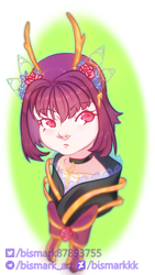 Size: 829x1470 | Tagged: species needed, safe, artist:bismark, furbooru exclusive, oc, oc only, animal humanoid, fictional species, mammal, humanoid, antlers, bow, choker, cute, female, flower, flower in hair, hair, hair accessory, hair clip, horn, kimono (clothing), partially transparent background, purple hair, red eyes, ribbon, signature, solo, solo female, transparent background, twitter logo, watermark