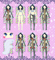 Size: 2194x2379 | Tagged: safe, artist:bismark, furbooru exclusive, oc, oc only, animal humanoid, fictional species, mammal, humanoid, armor, big ears, black hair, blue eyes, cat ears, cat tail, clothes, cute, ears, female, five tails, fluff, front view, fur, hair, heart, high res, multiple tails, reference sheet, solo, solo female, tail, underwear, white fur