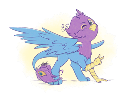 Size: 1343x1026 | Tagged: safe, artist:midnightpremiere, oc, oc only, oc:gyro feather, oc:gyro feather (gryphon), bird, feline, fictional species, galliform, gryphon, mammal, peacock gryphon, peafowl, feral, beak, bird feet, blue feathers, blue fur, claws, feathered wings, feathers, fur, gesture, green eyes, male, one eye closed, paws, peace sign, pink feathers, solo, solo male, spread wings, tail, tail tuft, talons, wings
