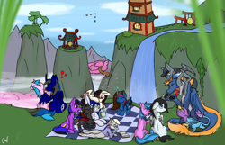 Size: 1800x1159 | Tagged: character needed, safe, artist:magicalfurry, oc, oc:arcane bolt (magicalfurry), oc:gyro feather, oc:gyro feather (gryphon), oc:nyama, arthropod, bird, changeling, dragon, earth pony, equine, feline, fictional species, furred dragon, galliform, gryphon, mammal, peacock gryphon, peafowl, pegasus, pony, unicorn, feral, friendship is magic, hasbro, my little pony, beak, bird feet, blue feathers, blue fur, claws, feathered wings, feathers, fur, green eyes, group, heart, horn, licking, love heart, male, paws, pink feathers, tail, tail tuft, talons, tongue, tongue out, wings