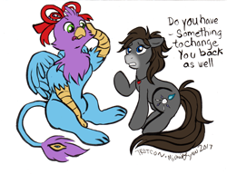 Size: 2771x2132 | Tagged: safe, artist:gyrotech, artist:michielynn, edit, oc, oc:gyro feather, oc:gyro feather (gryphon), oc:naisol, bird, earth pony, equine, feline, fictional species, galliform, gryphon, mammal, peacock gryphon, peafowl, pony, feral, friendship is magic, hasbro, my little pony, beak, bird feet, blue feathers, blue fur, bow, claws, color edit, cutie mark, duo, feathered wings, feathers, fur, green eyes, high res, male, paws, pendent, pink feathers, tail, tail tuft, talons, wings