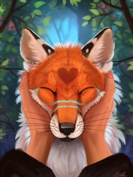 Size: 965x1280 | Tagged: safe, artist:yakovlev-vad, oc, oc only, canine, fox, human, mammal, red fox, feral, ambiguous gender, bust, cheek fluff, chest fluff, ear fluff, eyes closed, flower, fluff, forest, front view, fur, hands, happy, heart, leaf, offscreen character, orange fur, outdoors, petting, pov, signature, solo focus, whiskers