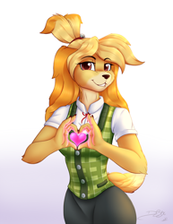 Size: 916x1186 | Tagged: safe, artist:dsixzey, isabelle (animal crossing), canine, dog, mammal, shih tzu, anthro, animal crossing, nintendo, 2d, bell, bottomwear, clothes, female, hair band, heart, heart hands, simple background, skirt, smiling, solo, solo female, topwear, vest, white background