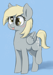 Size: 1276x1790 | Tagged: safe, artist:t72b, derpy hooves (mlp), equine, fictional species, mammal, pegasus, pony, feral, friendship is magic, hasbro, my little pony, 2020, :p, atg 2020, blue background, blushing, cute, feathered wings, feathers, female, folded wings, mare, mlem, newbie artist training grounds, raised hoof, scrunchy face, silly, simple background, solo, solo female, tail, tongue, tongue out, wings