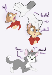 Size: 1600x2300 | Tagged: safe, artist:heir of rick, mrs. brisby (the secret of nimh), cat, feline, mammal, mouse, rodent, feral, semi-anthro, sullivan bluth studios, the secret of nimh, 2020, 2d, cheek fluff, comic, cute, dialogue, duo, female, field mouse, fluff, foot on head, murine, open mouth, paw on head, paws, size difference, talking, whiskers