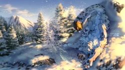 Size: 1200x675 | Tagged: safe, artist:reilukah, big cat, feline, mammal, snow leopard, feral, 16:9, 2020, ambiguous gender, butt fluff, chest fluff, cloud, conifer tree, digital art, eyes closed, featured image, fluff, fur, legs in air, lying down, mountain, on back, outdoors, paw pads, paws, scenery, scenery porn, signature, sky, snow, solo, solo ambiguous, spotted fur, tail, technical advanced, tree, twitter logo, upside down, winter