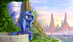 Size: 1944x1111 | Tagged: safe, artist:zigword, princess luna (mlp), alicorn, equine, fictional species, mammal, pony, feral, friendship is magic, hasbro, my little pony, 2014, aircraft, airship, balcony, blimp, blushing, bridge, cliff, cloud, cloudy, crown, cute, cutie mark, feathered wings, feathers, female, grass, hoof shoes, horn, jewelry, leaf, leaning, looking up, mare, mountain, necklace, ocean, open mouth, outdoors, peytral, river, road, scenery, scenery porn, shore, signature, solo, solo female, spread wings, tower, tree, vehicle, vine, water, waterfall, wave, wings