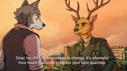 Size: 1600x900 | Tagged: safe, artist:infurnationale, legoshi (beastars), louis (beastars), canine, cervid, deer, mammal, wolf, anthro, beastars, 16:9, antlers, building, chest fluff, city, clothes, duo, duo male, ear fluff, fluff, head fluff, looking at each other, male, males only, neck fluff, outdoors, talking, tree