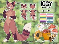 Size: 1300x963 | Tagged: safe, artist:marten_magyk, oc, oc only, oc:iggy (marten magyk), arthropod, bee, bird, duck, insect, mammal, marten, mustelid, waterfowl, anthro, digitigrade anthro, feral, 2020, achillean flag, amanita muscaria, arm fluff, blurred background, brown body, brown fur, cheek fluff, chest fluff, claws, close-up, duo, ear fluff, flag, flower, fluff, ftm transgender, fur, head fluff, heart, leg fluff, long tail, male, mushroom, nonbinary, nonbinary pride flag, open mouth, paw pads, paws, picture-in-picture, pride flag, pubic fluff, raised hand, reference sheet, short tail, solo, solo focus, solo male, sunflower, tail, tail fluff, tan belly, teeth, transgender, transgender pride flag, underpaw