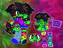 Size: 1280x994 | Tagged: safe, artist:helflor, oc, oc only, canine, dog, mammal, sparkle dog, anthro, plantigrade anthro, abstract background, ambiguous gender, bandaid, black hair, blushing, candy, chibi, clothes, color porn, cookie, coontails, cute, english text, food, fur, glamfur, green body, green fur, hair, heart, heart eyes, kemono, mismatched socks, multicolored tail, neon, paw prints, plushie, rainbow, scene fashion, socks, solo, solo ambiguous, sticker, tail, text, tongue, tongue out, wingding eyes