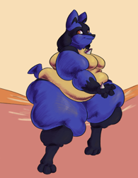 Size: 934x1200 | Tagged: suggestive, artist:mirrorcage, fictional species, lucario, anthro, nintendo, pokémon, 2019, abstract background, big breasts, breasts, fat, featureless breasts, female, huge belly, obese, solo, solo female, tail, thick thighs, thighs