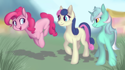 Size: 3840x2160 | Tagged: safe, artist:108fiona8fay, bon bon (mlp), lyra heartstrings (mlp), pinkie pie (mlp), earth pony, equine, fictional species, mammal, pony, unicorn, feral, friendship is magic, hasbro, my little pony, 16:9, amber eyes, blue eyes, chest fluff, female, fluff, grass, group, head fluff, high res, hooves, horn, looking at each other, mare, neck fluff, simple background, smiling, tail, trio, trio female, wallpaper